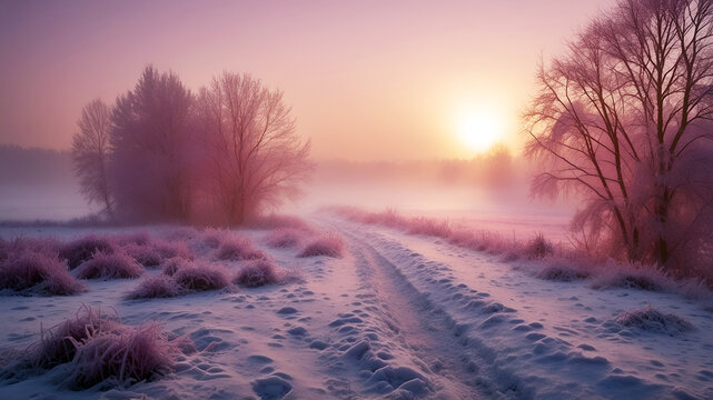 pink foggy  sunrise over the winter country