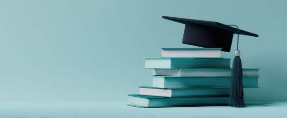 The graduation cap rests atop a stack of teal-colored books.