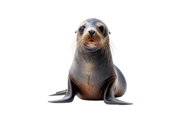 Young sea lion pup with dark gray fur and large dark eyes sitting upright, isolated on a transparent background