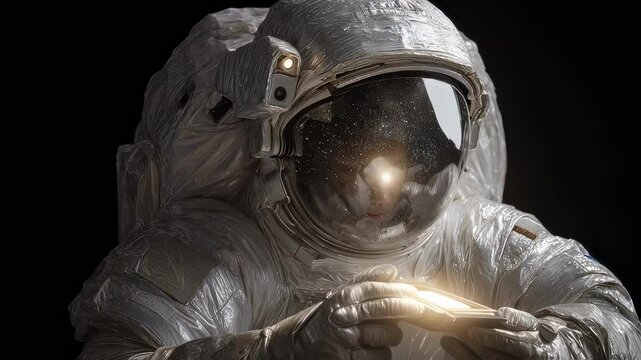 Astronaut in a spacesuit, isolated on a black background, is apparently playing a videogame on a handheld console, with a reflection of a bright light source on their helmet visor