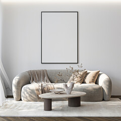 Frame mockup, ISO A paper size. Living room wall poster mockup. Interior mockup with house background. Modern interior design. 3D render

