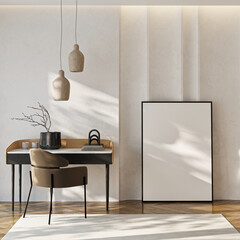 Frame mockup, ISO A paper size. Living room wall poster mockup. Interior mockup with house background. Modern interior design. 3D render
