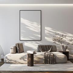 Frame mockup, ISO A paper size. Living room wall poster mockup. Interior mockup with house background. Modern interior design. 3D render
