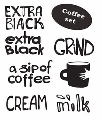 Coffee set of drawn vector doodles, coffee lettering, cafeteria, line art vector, favorite, stickers for coffee shop, get a break, stamp