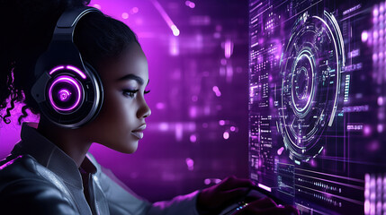 Young Black woman with curly hair wearing headphones, focused on a computer screen displaying digital graphics in purple tones. Concept of technology and gaming.