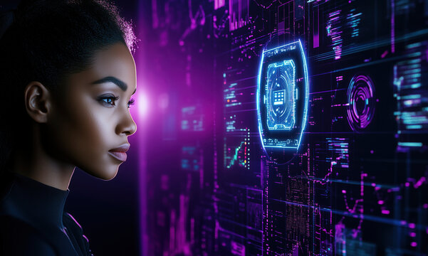 Young Black woman with curly hair gazes at a futuristic digital interface displaying neon graphics and data. The scene emphasizes technology and innovation.
