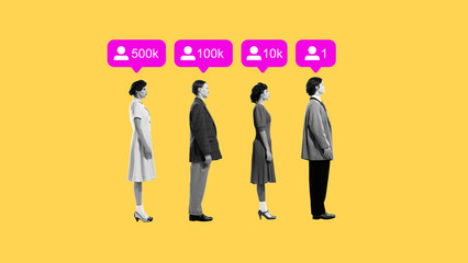 Followers Factory. People in line receive follower counts above heads like value stamps. Commentary on metrics obsession. Concept of social media addiction, influence, technology. Surreal artwork