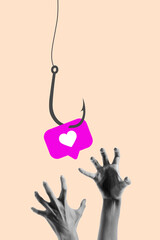 Like Trap. Hands desperately reach for floating like icon hanging from hook, baiting attention....