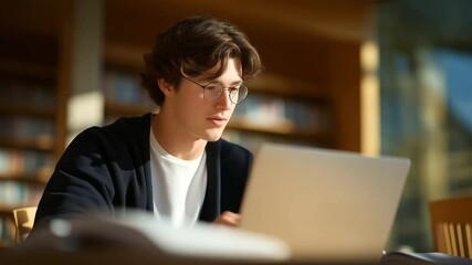 Student using SaaS learning platform in library with wooden chair