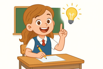 Eureka moment bright idea lightbulb inspiration. Creative schoolgirl student having breakthrough discovery solution in classroom education. Cartoon vector illustration learning innovation