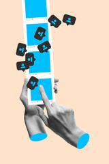 Scrolling Spiral. Hands endlessly swipe down through vertical feed while follower icons fall from screen. Concept of content vortex, social media addiction, information. Surreal digital collage