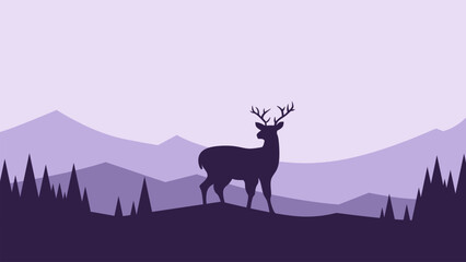 Wildlife landscape of deer silhouette on a mountain ridge scenery. Panoramic view of deer on a hill with coniferous tree. Vector illustration of scenic landscape with deer in the pine forest