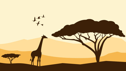 Wildlife landscape of a giraffe in a savannah scenery. Panoramic view of giraffe eating leaves from african tree. Vector illustration of scenic savanna with giraffe and flock of birds in the grassland