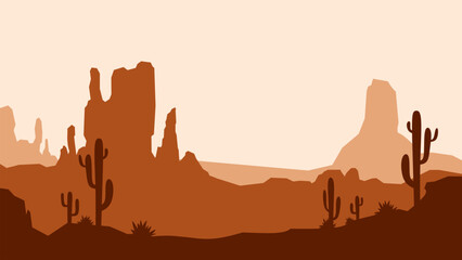 Desert landscape of canyon scenery with cactus and butte. Panoramic view of wild west desert with cacti and a sunset sky. Vector illustration of the scenic arizona desert with buttes and mesas