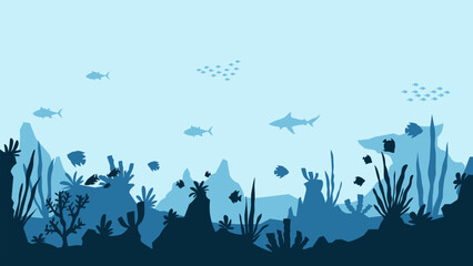 Underwater landscape of fishes and coral reefs scenery. Panoramic view of tropical fish and a shark in aquatic environment. Vector illustration of marine life with sea animal and nautical vegetation