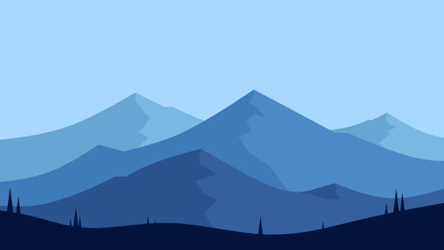 Landscape of mountain range scenery. Panoramic view of mountain peaks and ridges. Vector illustration of scenic landscape with majestic mountain range and ridges under blue sky