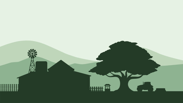 Countryside landscape of farmhouse scenery. Panoramic view of rural house with windmill and tractor under big tree. Vector illustration of the scenic cloudscape over the farmland in rural environment