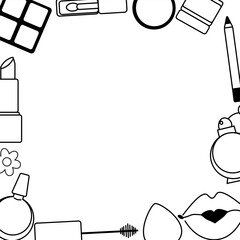 Cosmetics and accessories Makeup tools square frame template. Vector graphic line illustration. Hand drawn images blush mascara eyeshadow powder cream foundation brush.