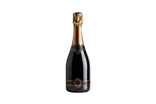 Elegant black champagne bottle with golden neck and ornate label, shiny surface and shadow, isolated on a transparent background - Powered by Adobe