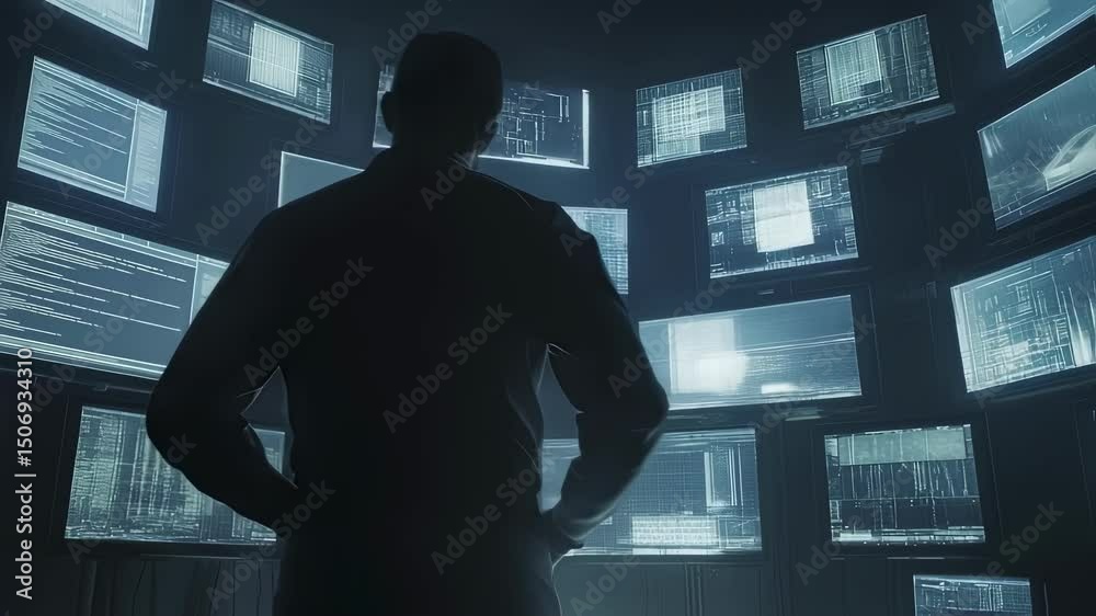 Aufkleber experienced programmers monitoring network activity and security systems across multiple screens in 