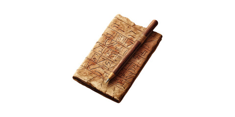 Ancient Cuneiform Tablet With Stylus. Historical Writing And Communication Artifact Isolated On Transparent Background