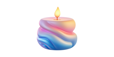 Colorful swirled candle with flame, isolated on transparent background