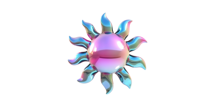 Iridescent sun with wavy rays isolated on transparent background