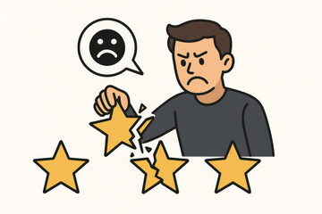 Angry frustrated customer destroying star rating negative review bad feedback. Dissatisfied man breaking golden stars poor service quality client experience concept illustration
