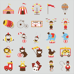 Fototapeta premium Vibrant Circus Icon Collection: Retro Big Top, Clown Acts & Animal Performances for Digital Design