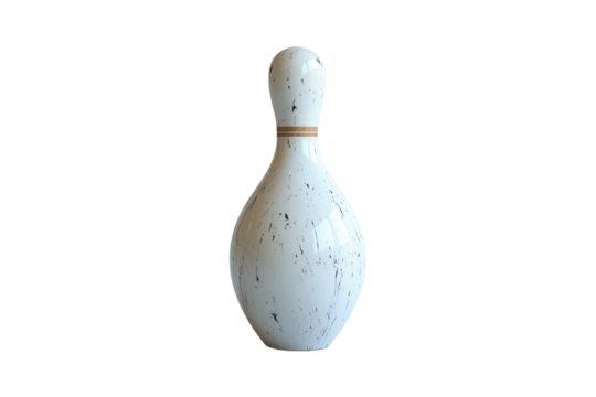 Vintage white ceramic bowling pin with weathered speckled finish and single brown band, isolated on a transparent background