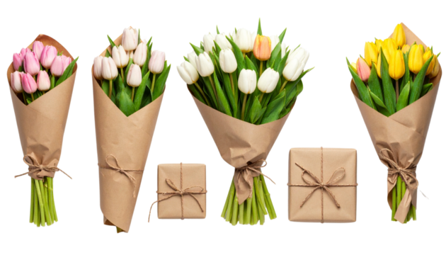 set of bouquet of tulip wrapped around with gift paper isolated on solid white background Png