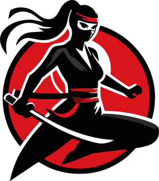 Bold Female Ninja Vector Logo in Combat Pose with Red Sun Background