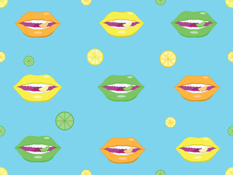 Seamless Pattern of Colorful Juicy Lips with Citrus