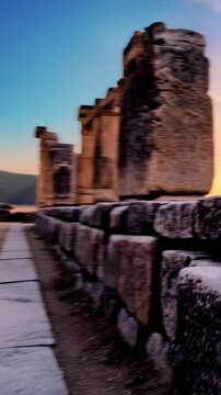 Ancient Corinthian columns with architectural stonework against a vibrant sunset sky, evoking classical history and time-worn elegance.