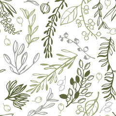 Hand-drawn wild herbs and plants. Vector seamless pattern. 