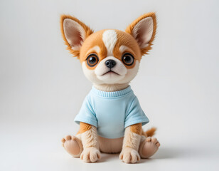 A lovable brown and white chihuahua doll, perfect for children, in a blue shirt on a white background.