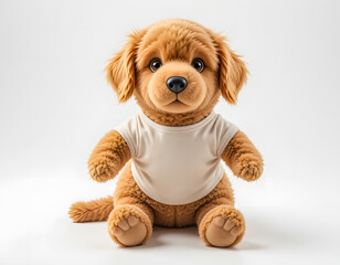 An adorable golden-brown plush puppy with big, innocent eyes wearing a simple white t-shirt, isolated on white.