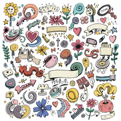 Hand drawn line elements. Doodle pen signs and effects. Simple sketch sparkle, star, glitter, icons, heart, floral objects. Decorative pencil curved symbols and shape. Vector set