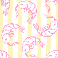 Shrimps vector seamless pattern. Hand drawn Marine illustrations of pink engraved line on Stripe Yellow background. La Dolce Vita themed print, inspired by Summer Italian aesthetic.