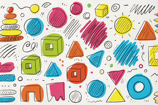 Colorful abstract geometric pattern with handdrawn shapes and textures