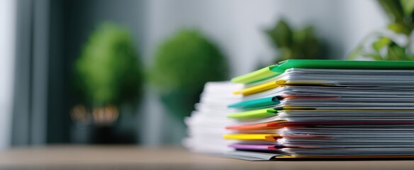 The stack of colorful folders on a tidy office desk setting