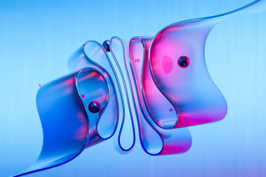 Abstract 3D design with neon glass ribbons and spheres on a colorful background