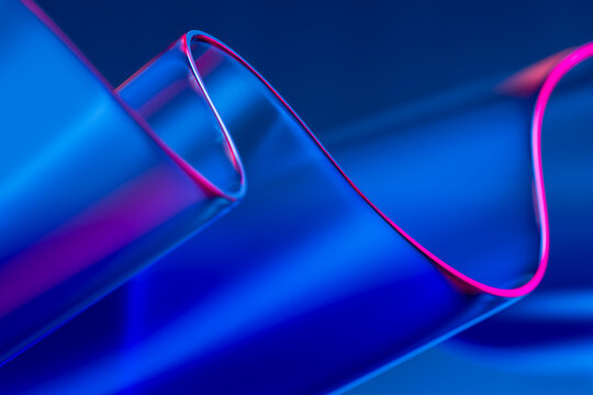Abstract 3D glass ribbon with neon reflections on a blue background