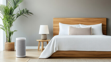Serene bedroom featuring cozy bed, air purifier, and calming decor