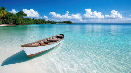 Naklejka premium Boat resting on sandbar in shallow clear sea with vibrant blue skies and fluffy clouds