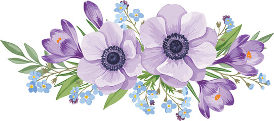 Obraz premium Anemones, purple crocus, blue forget-me-nots and green leaves. Watercolor botanical bouquet on isolated background, suitable for greeting cards, wedding invitations,