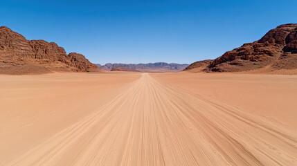 Fototapeta premium Vast desert landscape with sandy trails leading into horizon, surrounded by rocky formations