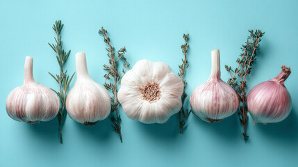 Garlic bulbs with herbs arranged in line on blue background, minimal culinary composition with contrast color for recipe or healthy food template