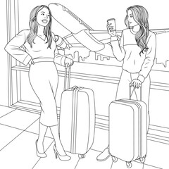 Vector illustration, two beautiful girlfriends met at the airport, traveling together, coloring book