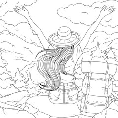 Vector illustration, girl tourist enjoying the view of mountain nature, book coloring.